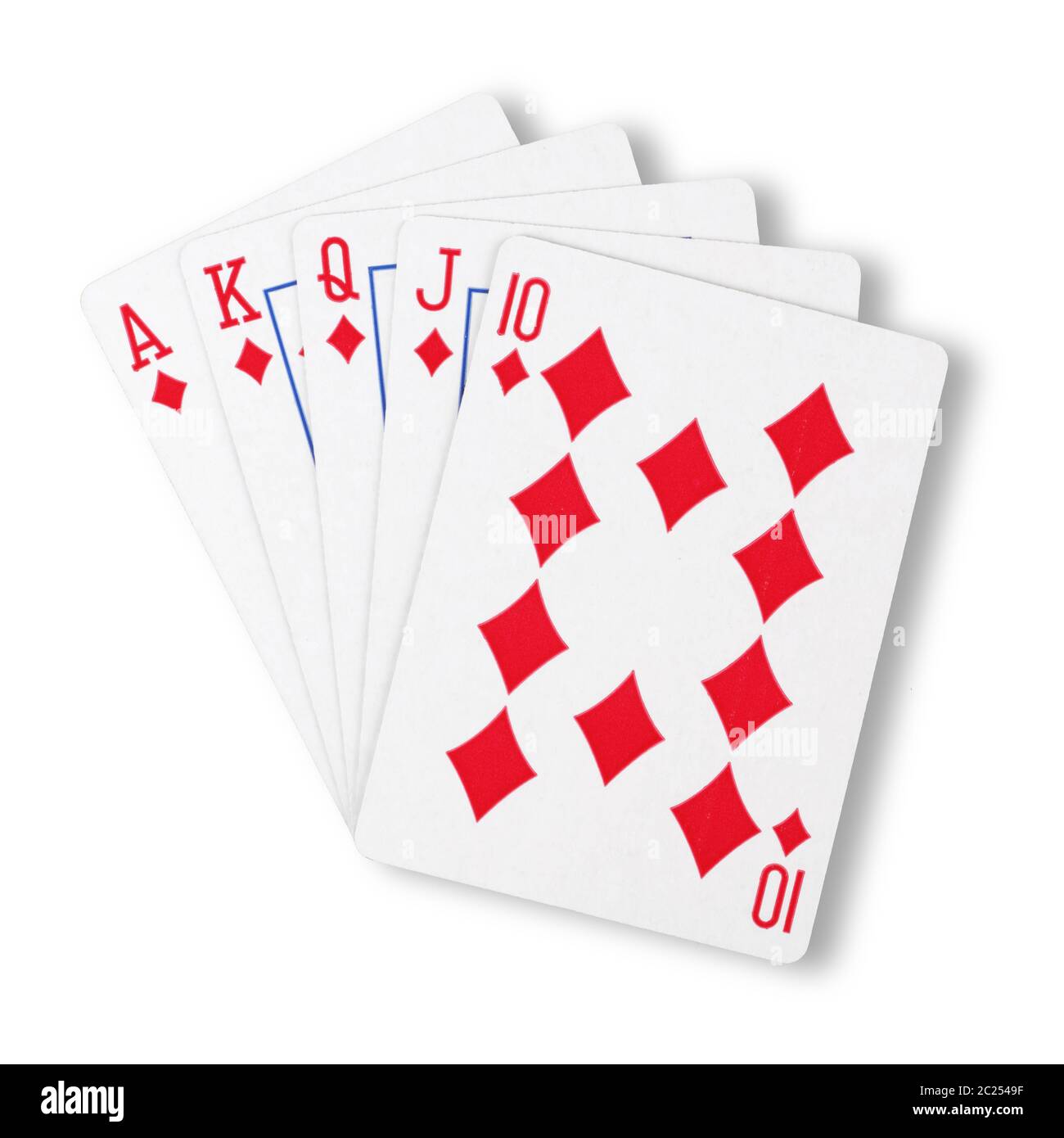 Diamanten Royal Flush flach auf weißen gewinnenden Hand Business-Konzept Stockfoto