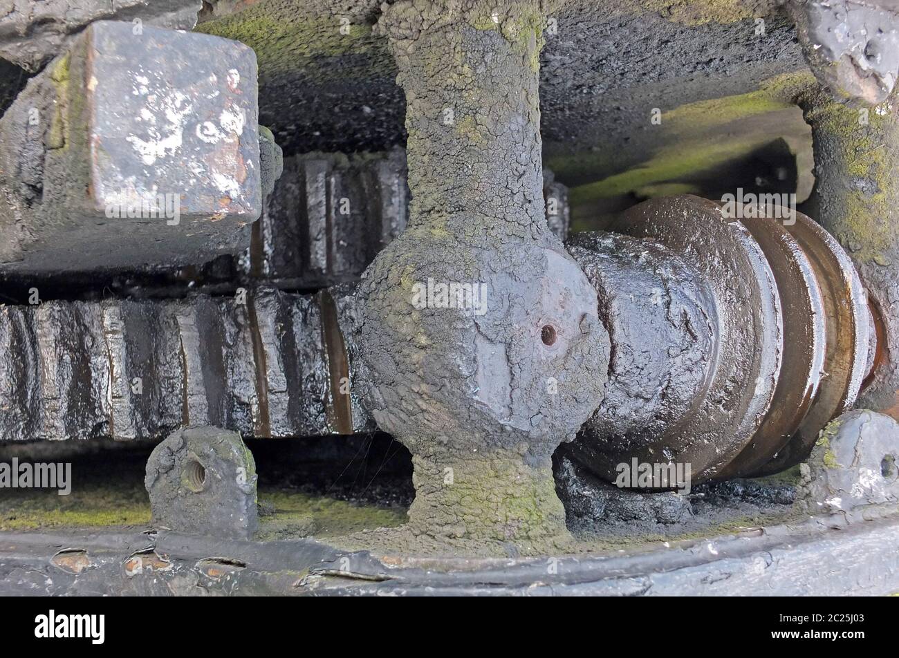 Nahaufnahme von alten fettigen Maschinen mit öligen schmutzigen Zahnrädern und grünem Moos wachsen auf dem Metall Stockfoto