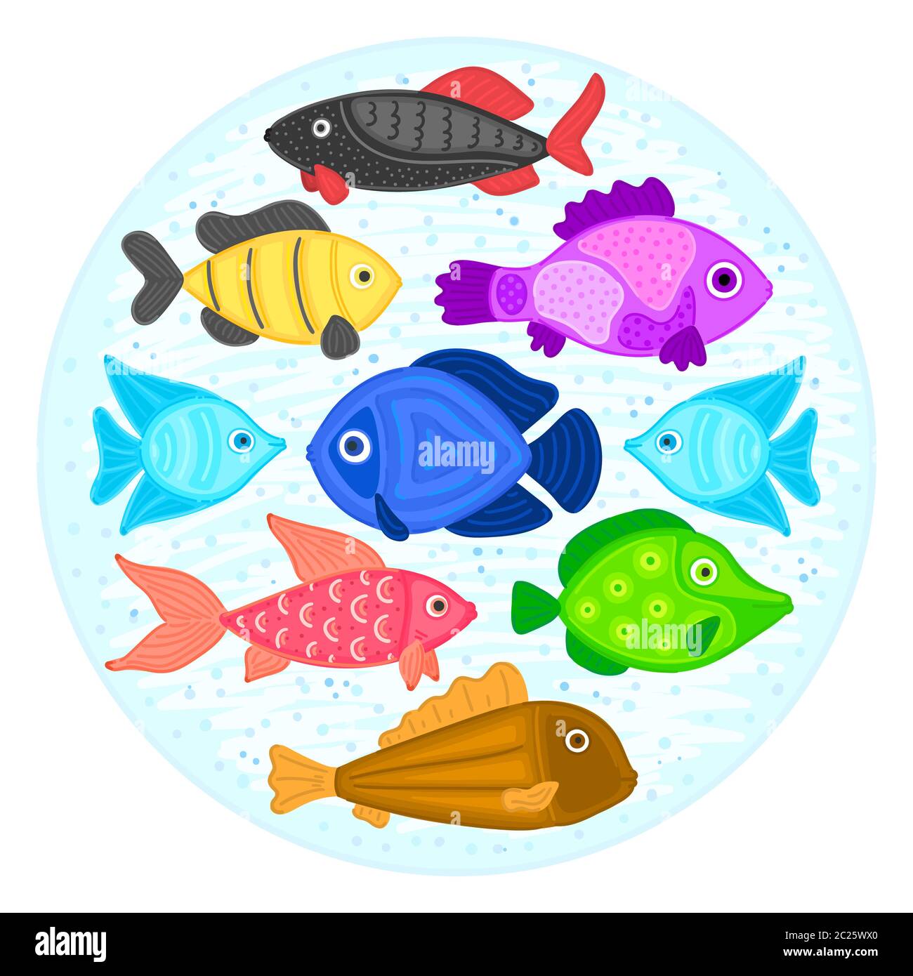 Vektor bunte Cartoon Fisch in kreisförmiger Form. Unterwasserwelt. Aquarium. Süße Unterwasserwelt. Fische. Broschüre, Flyer, Etikett, Cover, Poster, Banner, Pac Stockfoto