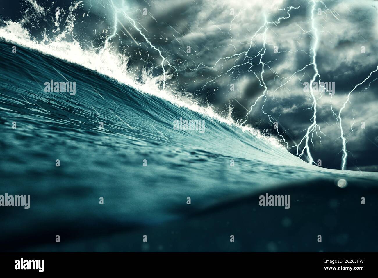 Gewitter am Meer Illustration. Wetter, Natur und Klimawandel Konzept. Stockfoto