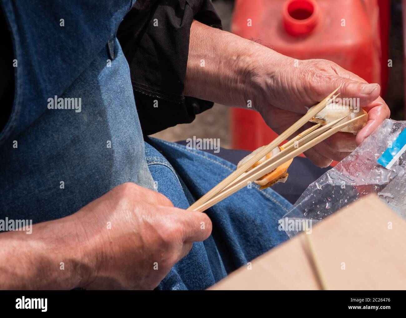 Fisch-Spieß von Lebensmittelhändler, Tokyo, Japan Stockfoto