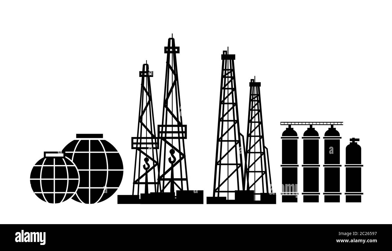 Energie: Öl und Gas Rigs, Extraktion, fraktionierte Destillation, und Lagertanks. Stockfoto