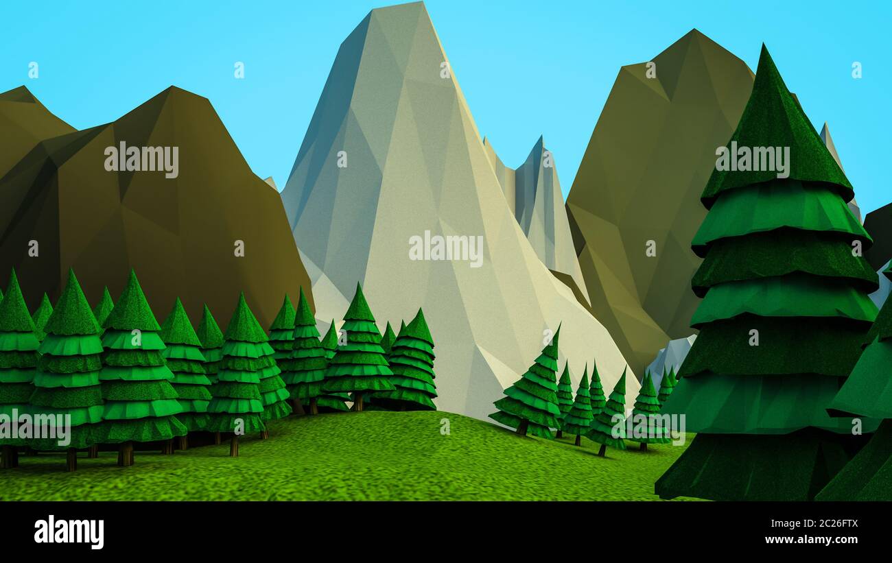 Niedrige polygonale Bäume und Berge. Landschaft. Computer Graphics. 3D-Rendering Stockfoto