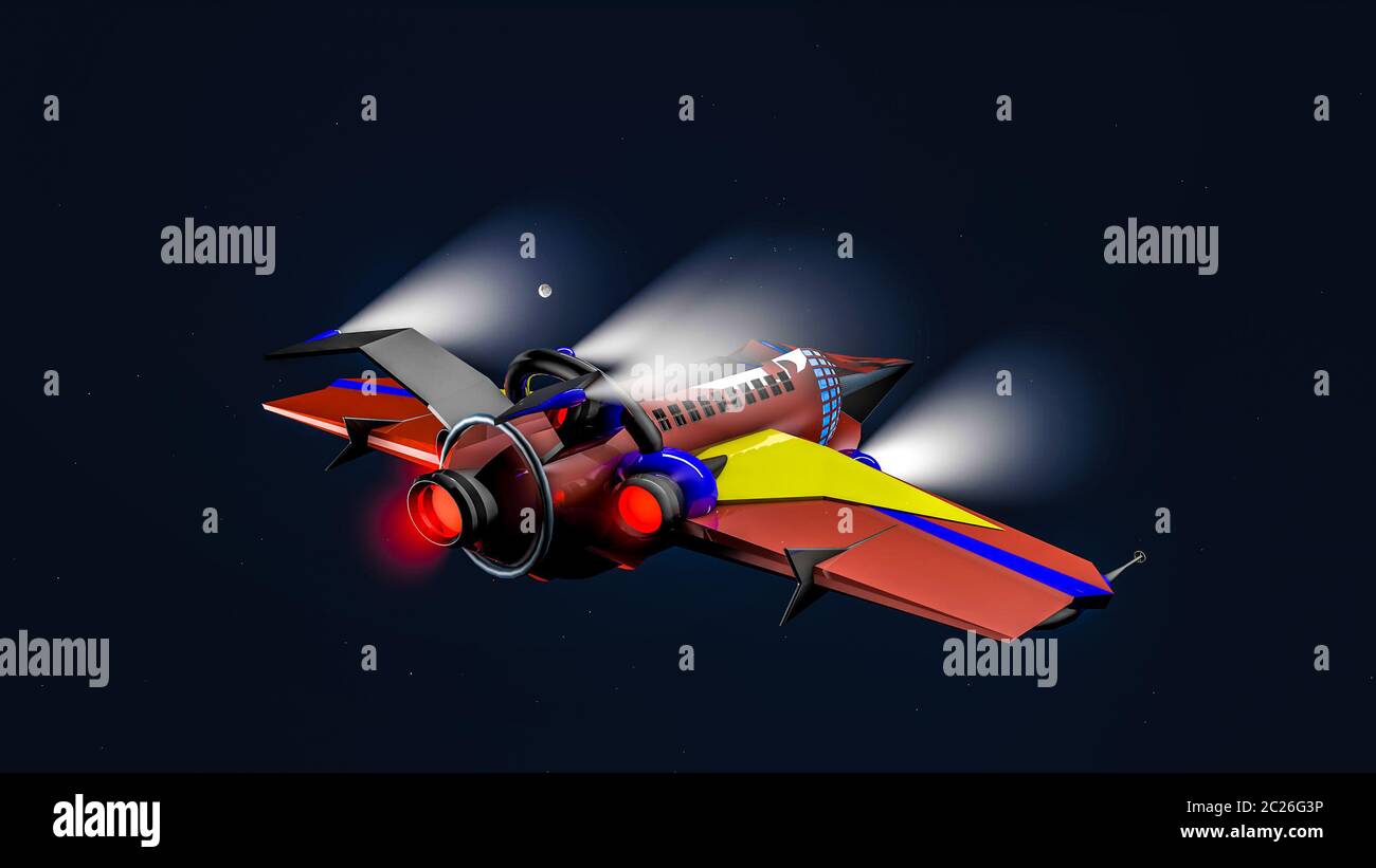 Modell einer interstellaren Flugzeuge auf einem dunklen Hintergrund. 3D-Rendering Stockfoto