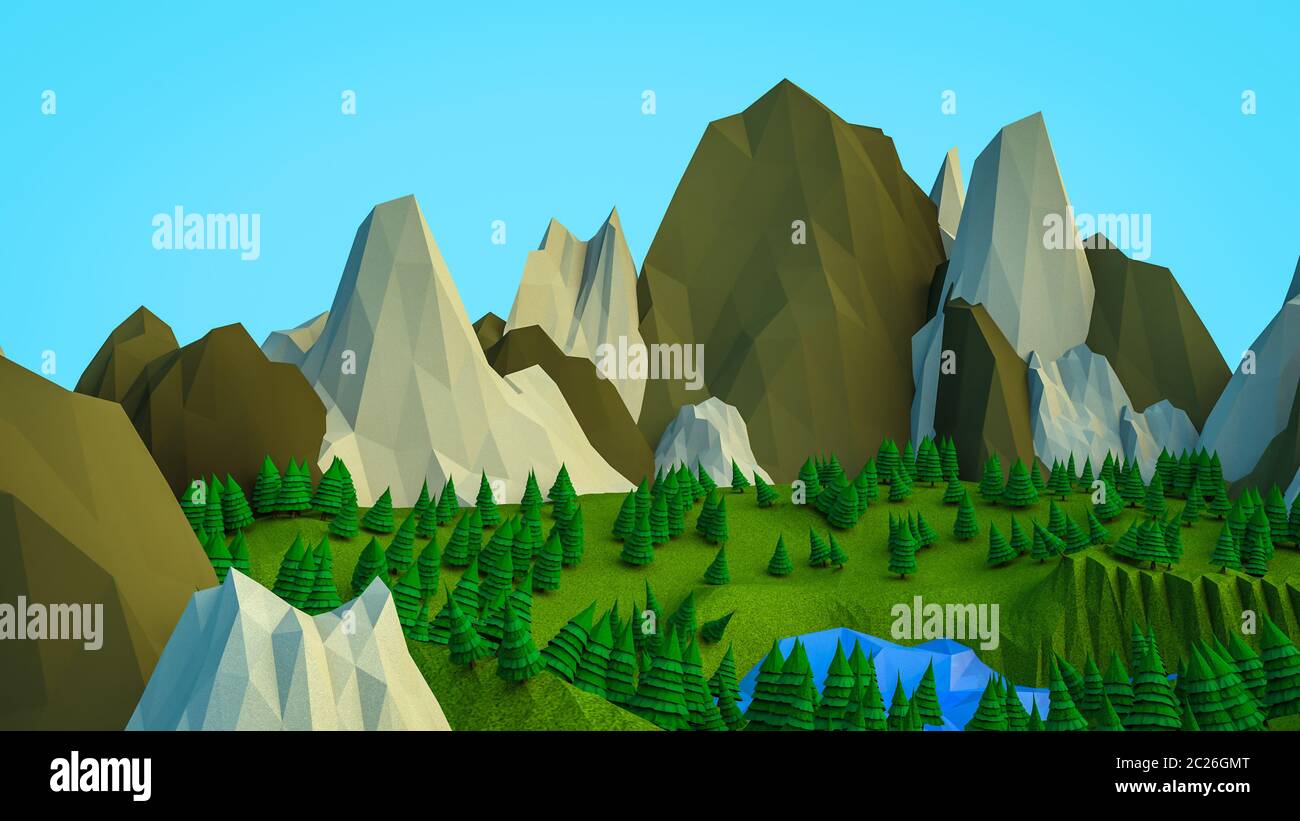 Niedrige polygonale Bäume und Berge. Landschaft. Computer Graphics. 3D-Rendering Stockfoto
