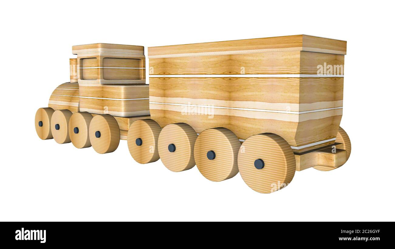 Holz- Zug mit Wagen auf einem weißen. 3D-Rendering Stockfoto