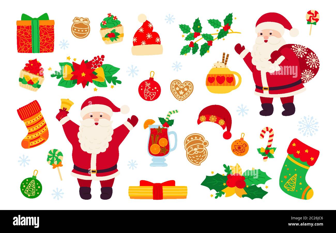 Weihnachten und Neujahr. Holly Cupcake, Glocke, Tasse, Hut, weihnachtsmann und Kekse Geschenk, Glühwein. Flache Cartoon Design-Elemente. Neujahr, weihnachtsobjekte Kollektion. Isolierte Vektordarstellung Stock Vektor