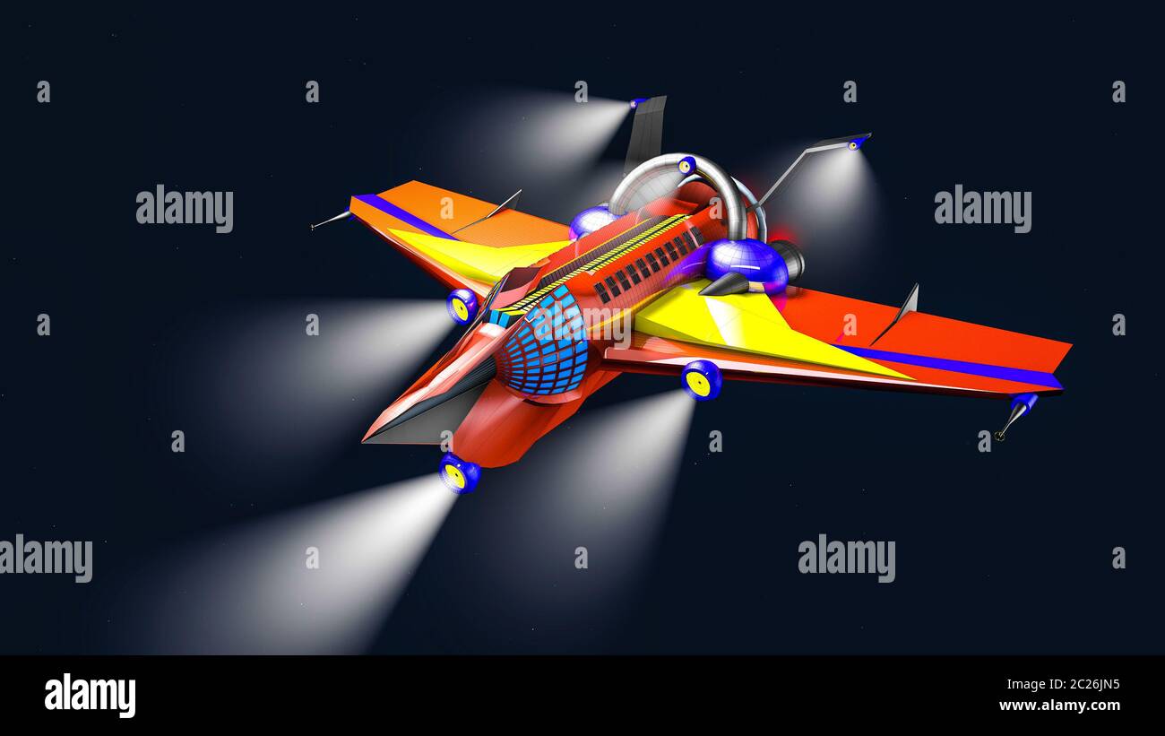 Modell einer interstellaren Flugzeuge auf einem dunklen Hintergrund. 3D-Rendering Stockfoto