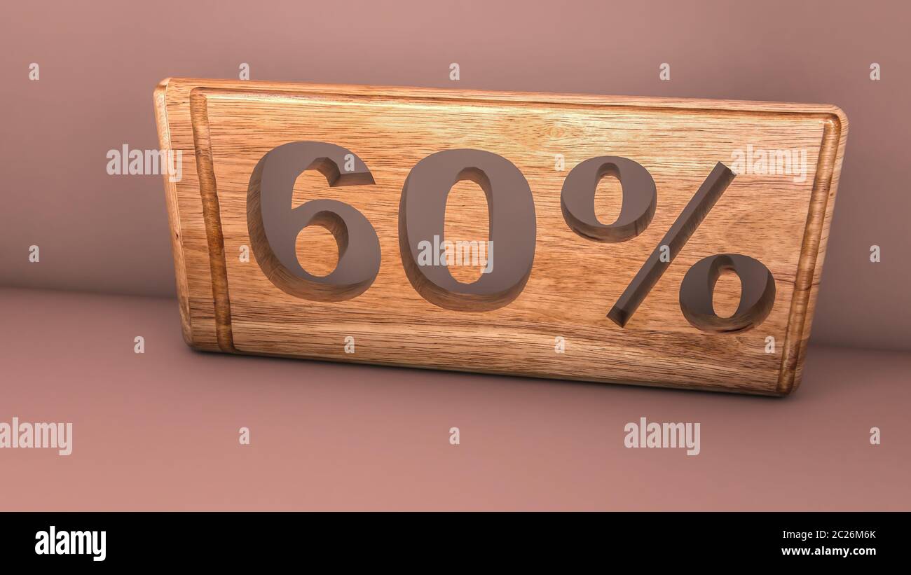 Holz- Plakette mit geschnitzten Worte 60%. 3D-Rendering. Verkauf Stockfoto
