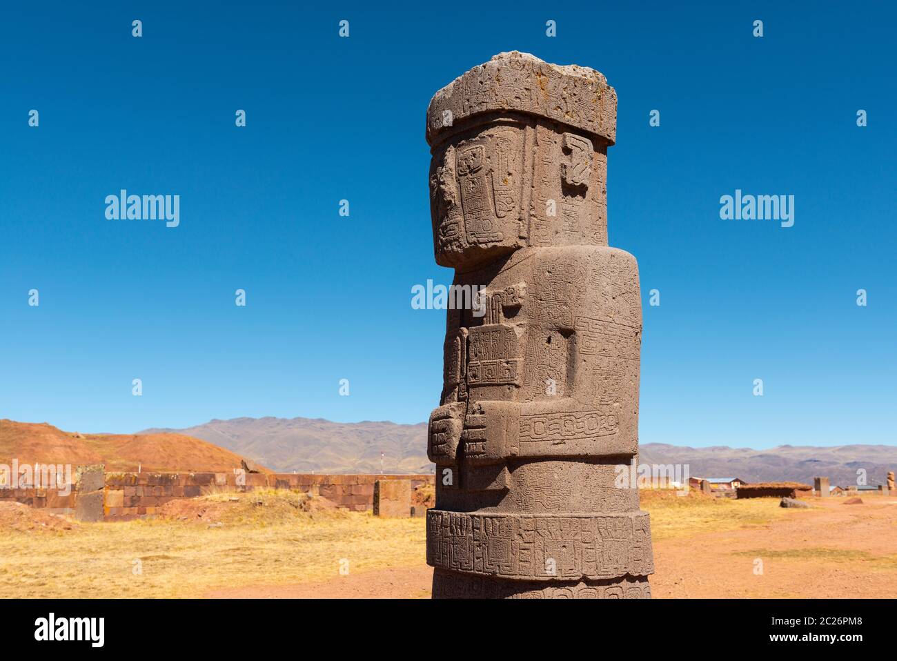 Die Monolith Statue von Ponce in der antiken Stadt Tiwanaku (Tiahuanaco) in der Nähe von La Paz, Bolivien. Stockfoto