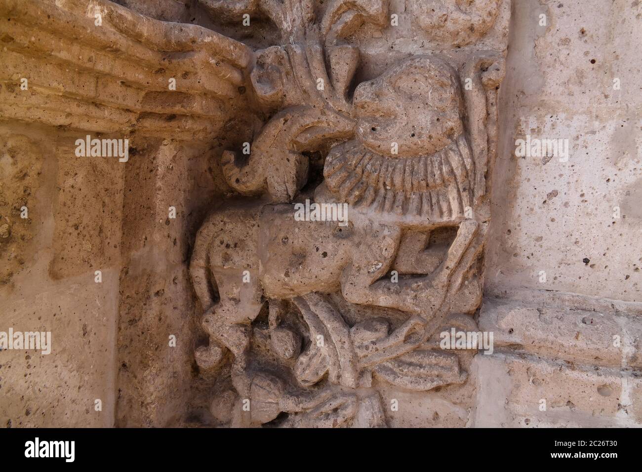 Außenansicht der Fassade von Iglesia de San Juan Bautista de Yanahuara, Arequipa, Peru Stockfoto