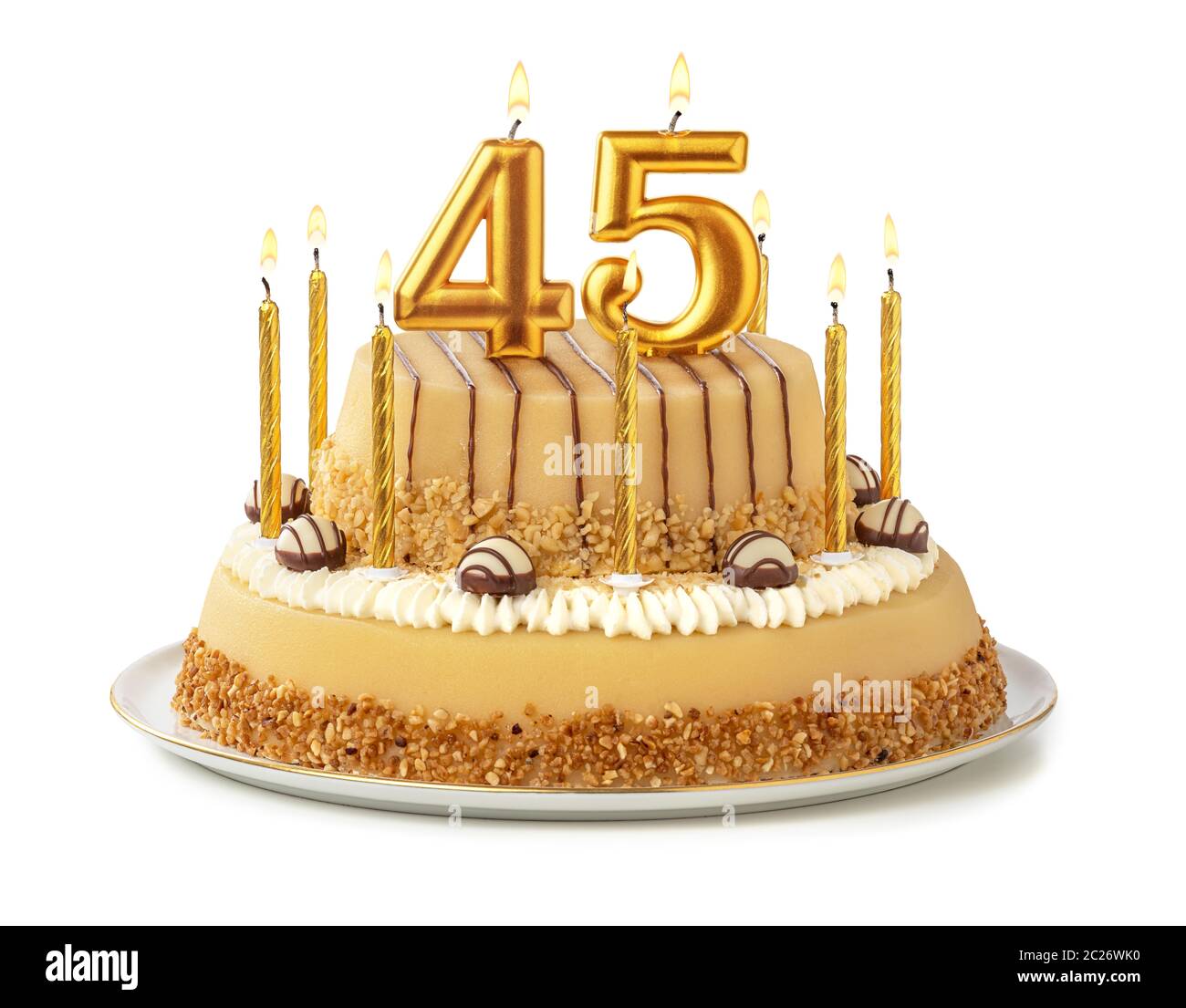 Festliche Kuchen mit goldenen Kerzen - Nummer 45 Stockfoto