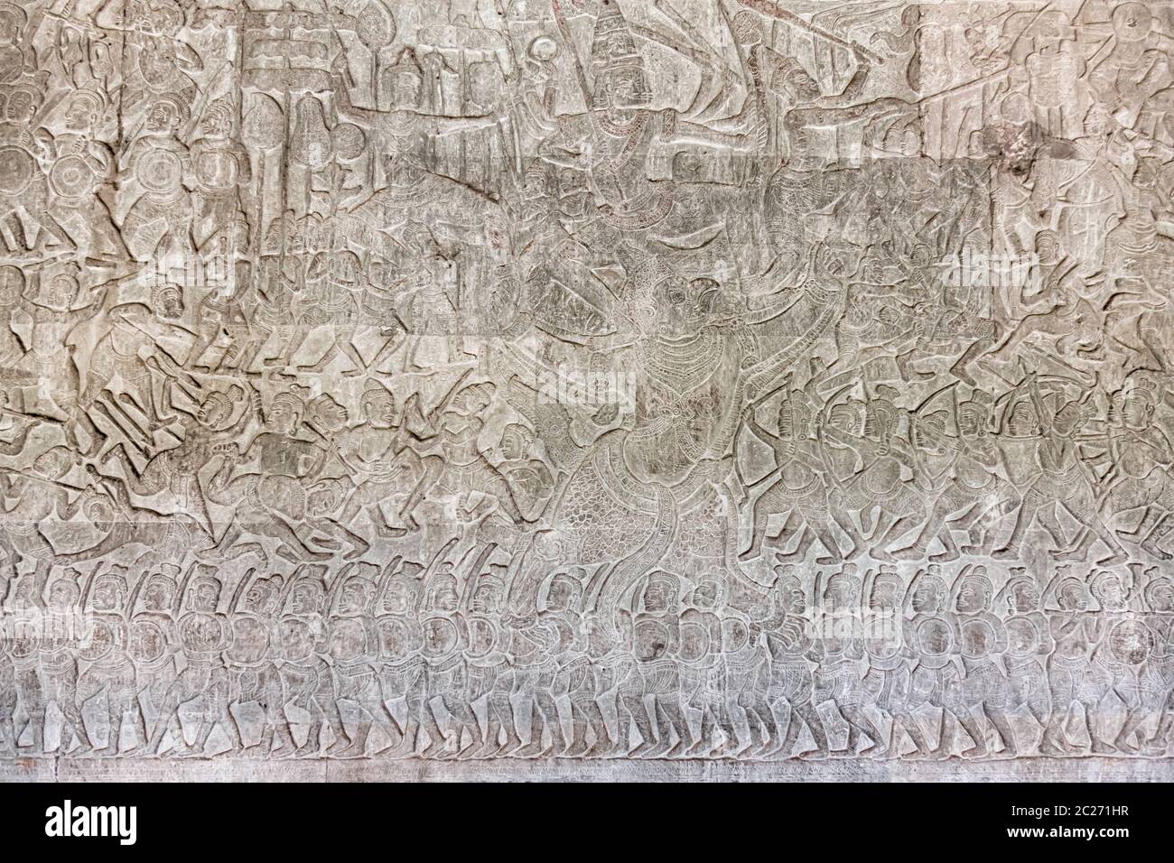 Angkor wat, Bas-Relief des Ostflügels in der Nordgalerie, Szene als 'Sieg Krishnas über Bana', Siem Reap, Kambodscha, Südostasien, Asien Stockfoto