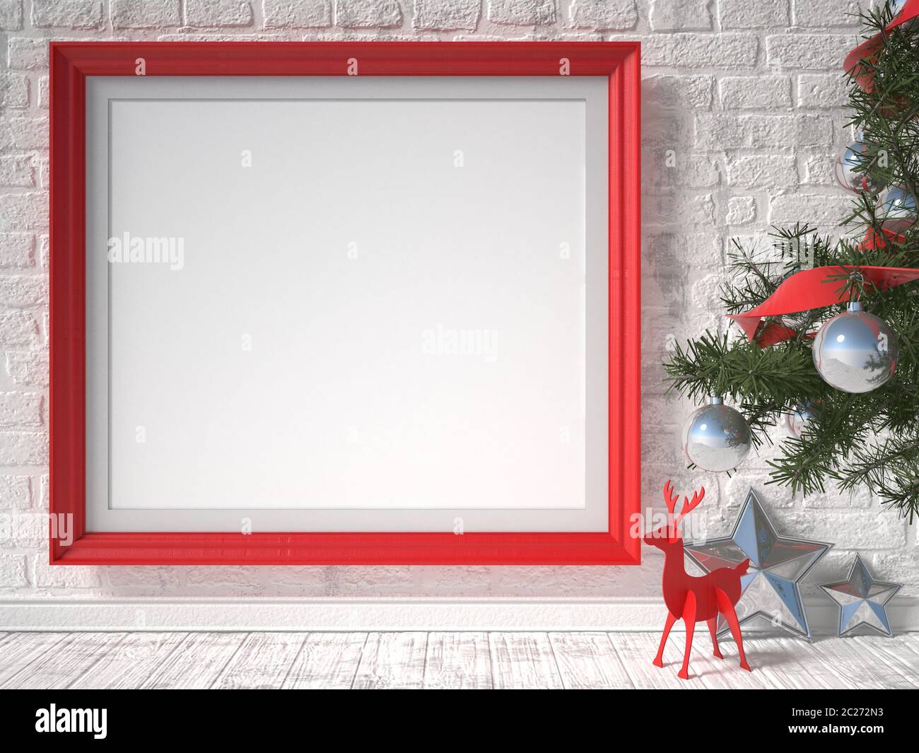 Mock up Poster mit roten Rentier, Weihnachtsbaum und Sterne. 3D Stockfoto