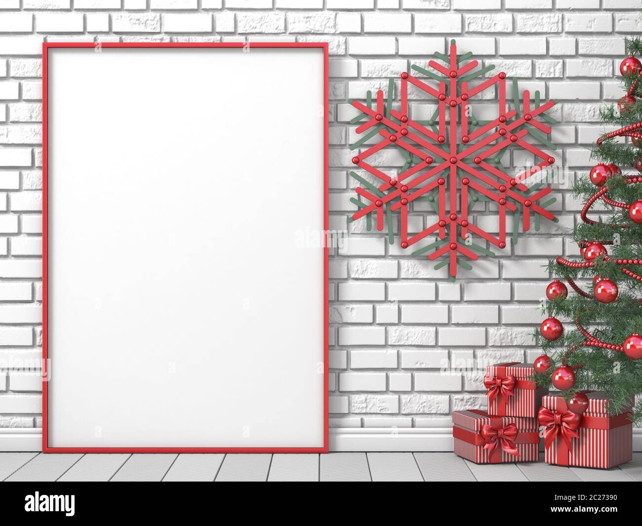 Mock up leeren Bilderrahmen, Weihnachtsbaum, Popsicle Sticks Schneeflocken und gestreifte Geschenke 3D Stockfoto