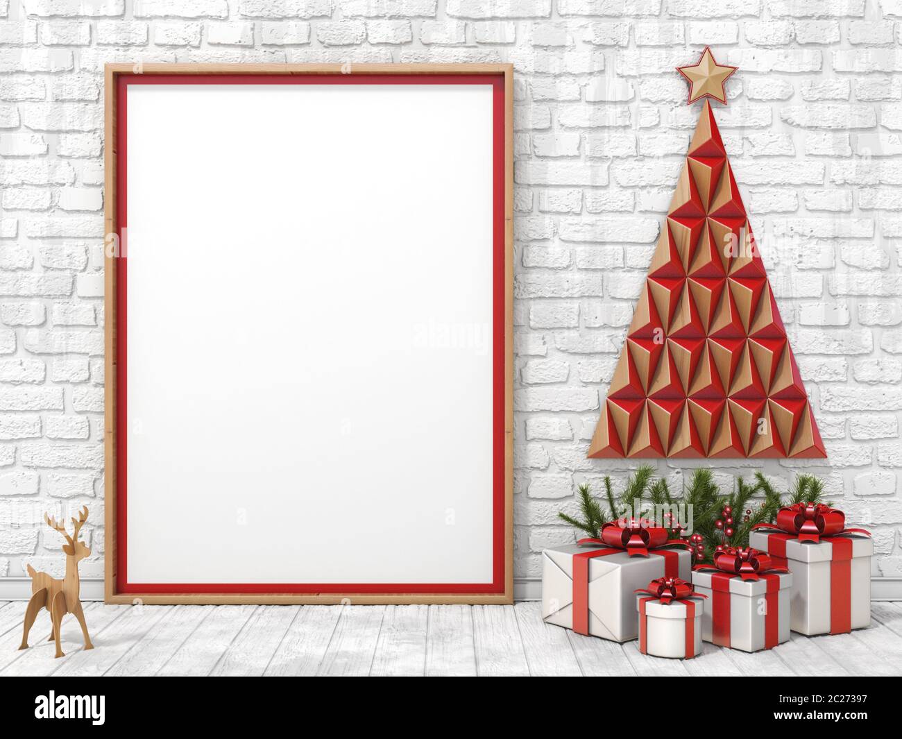 Blank Bilderrahmen Weihnachtsdekoration und Geschenke mit Band Bögen 3D Stockfoto