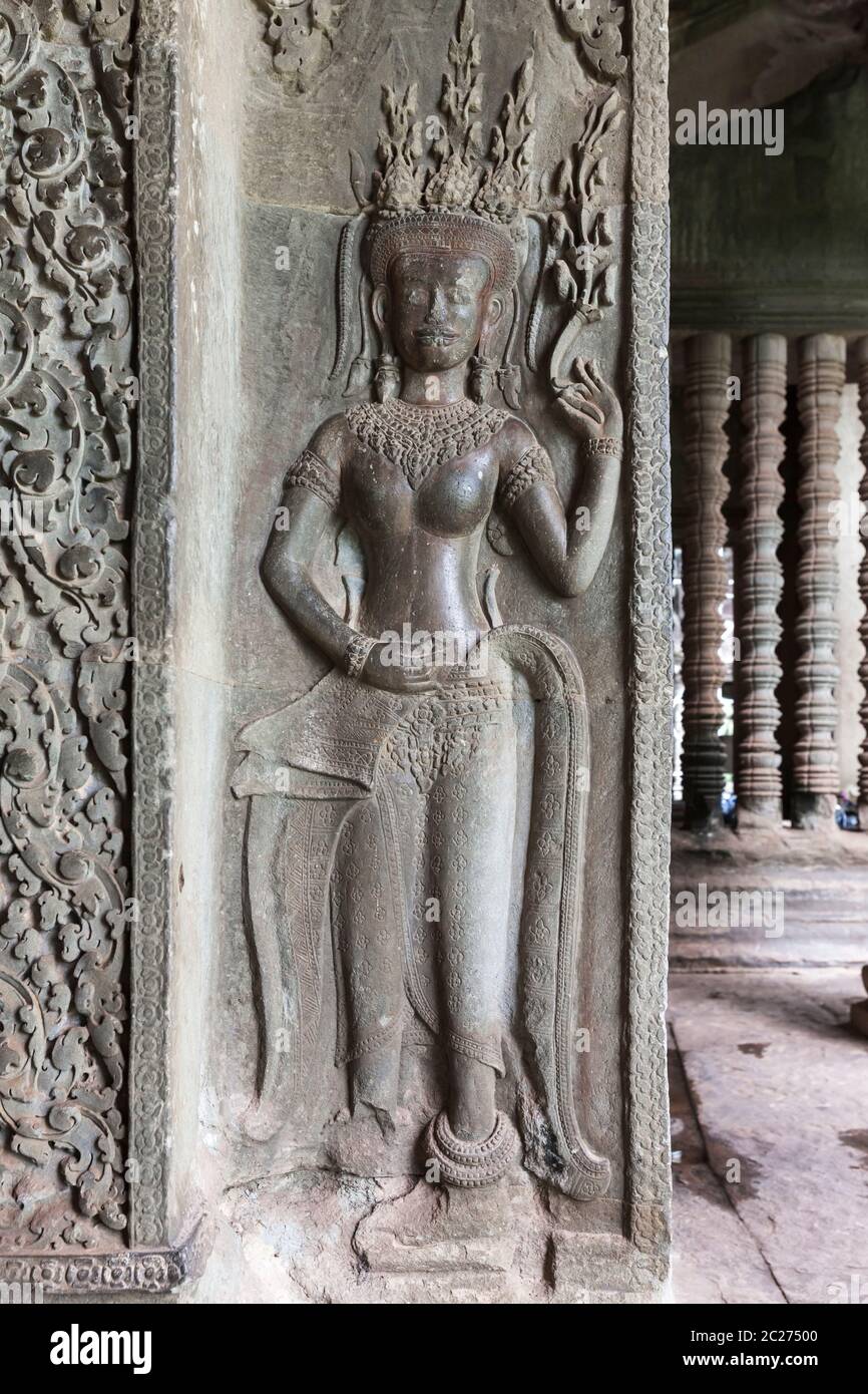Angkor wat, Bas-Relief des Nordflügels in der Westgalerie, Apsaras als Himmelstänzer, Siem Reap, Kambodscha, Südostasien, Asien Stockfoto