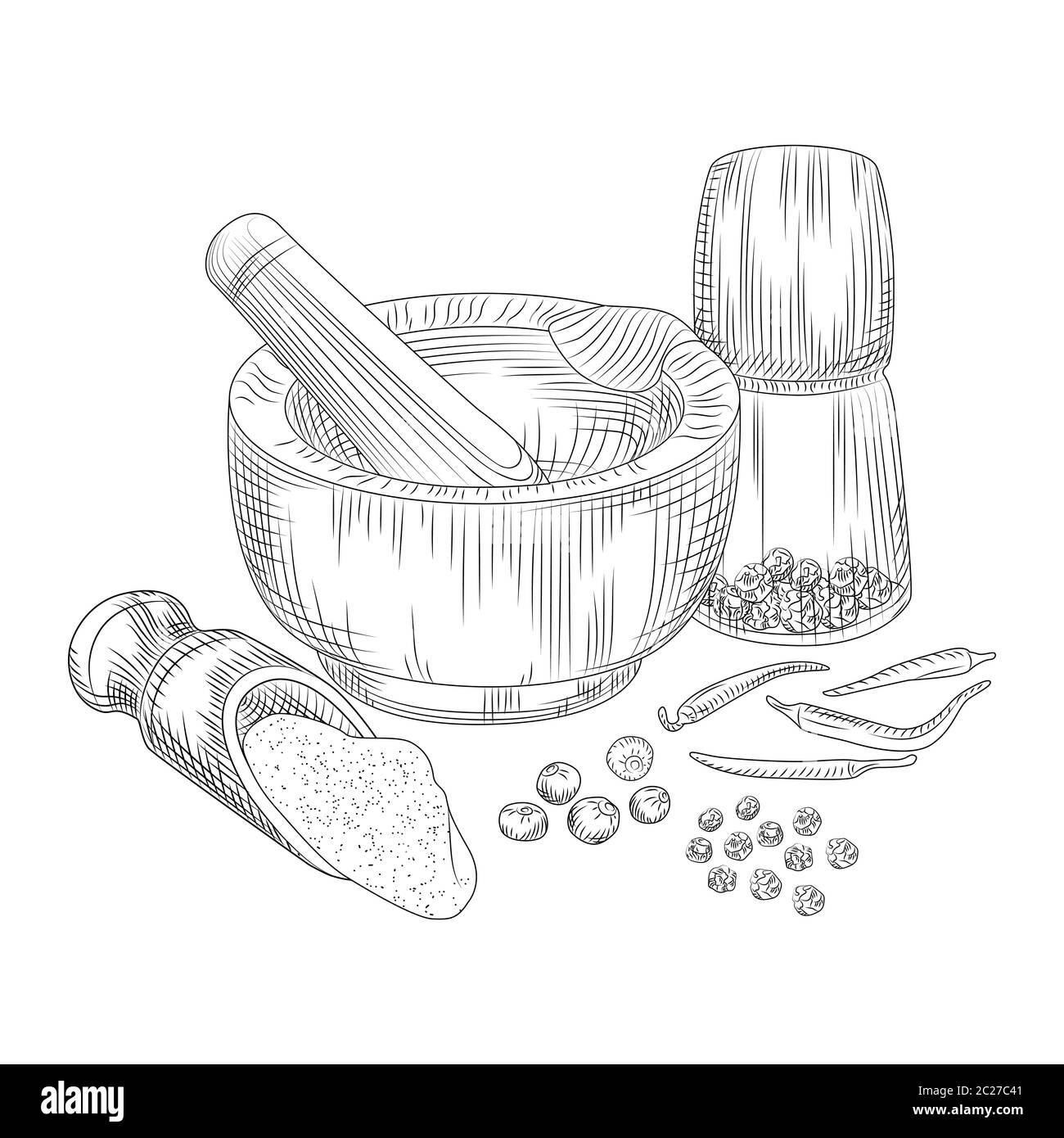 In einem Mörser mit Stößel pfeffern. Piment, schwarzer Pfeffer und Chili. Pepperbox, Mörtel, Stößel. Gravur im Vintage-Stil. Vektorgrafik. Stock Vektor