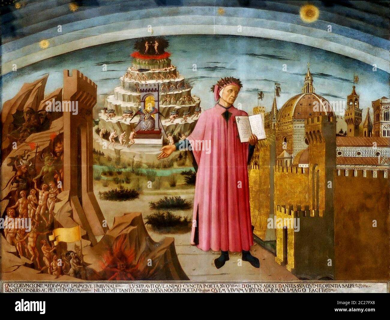 Dante zeigt eine Kopie der Göttlichen Komödie, neben dem Eingang zur Hölle, die sieben Terrassen des Fegefeuers und die Stadt Florenz, mit den Himmelssphären oben, in Michelinos Fresko - Domenico di Michelino, um 1465 Stockfoto