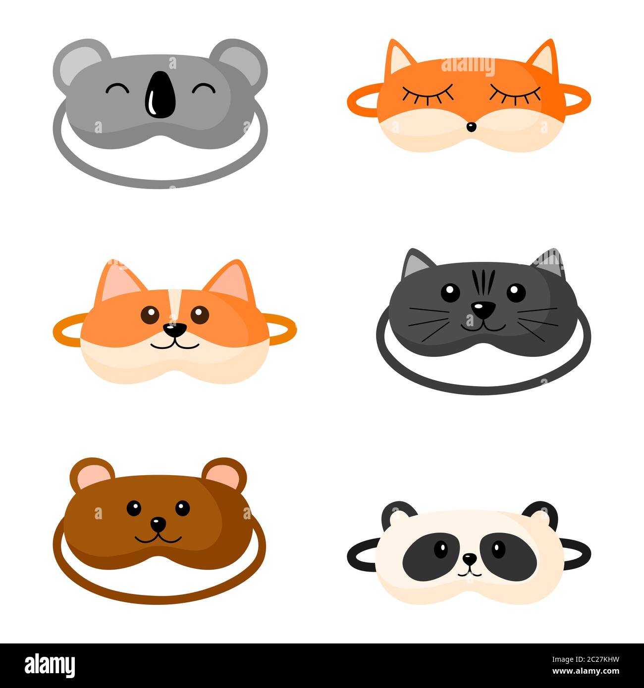 Kit Kinder Schlafmaske mit verschiedenen Design auf weißem Hintergrund. Set Gesichtsmaske zum Schlafen von Menschen mit Corgi, Katze, Panda, Fuchs, Bär, Koala in flach Stock Vektor