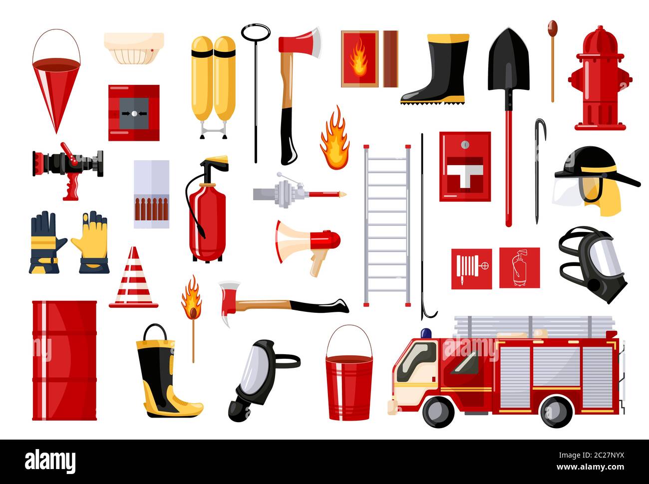 Set Feuerwehrmann auf weißem Hintergrund. Feuerwehrfahrzeug und Hydrant, Helm, Schlauch, Feuerlöscher, Leiter, Gasmaske. Vektorgrafik mit flachem Stil. Stock Vektor