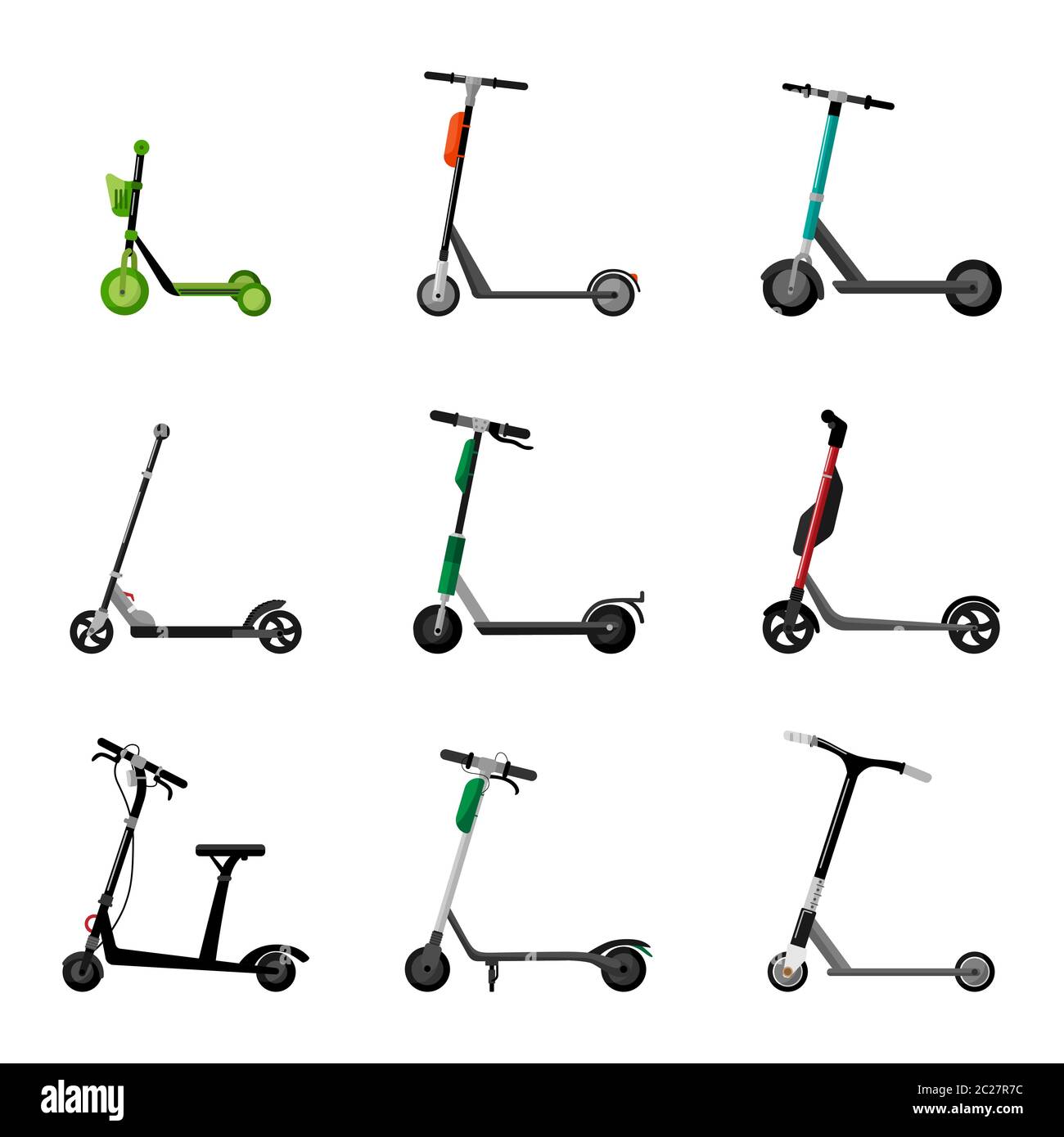 Roller auf weißen Hintergrund stellen. Elektro-und Trick Scooter im Stil flach Design. Vektorgrafik. Stock Vektor