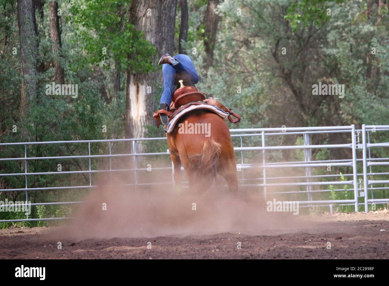 Eine junge Rider fällt von ihrem Pferdekopf über die Fersen bei einer lokalen Club Playday Horse Show im Sommer Stockfoto