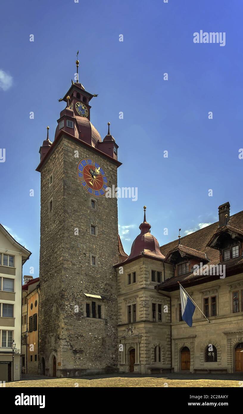 Rathaus Uhrturm, Luzern Stockfoto