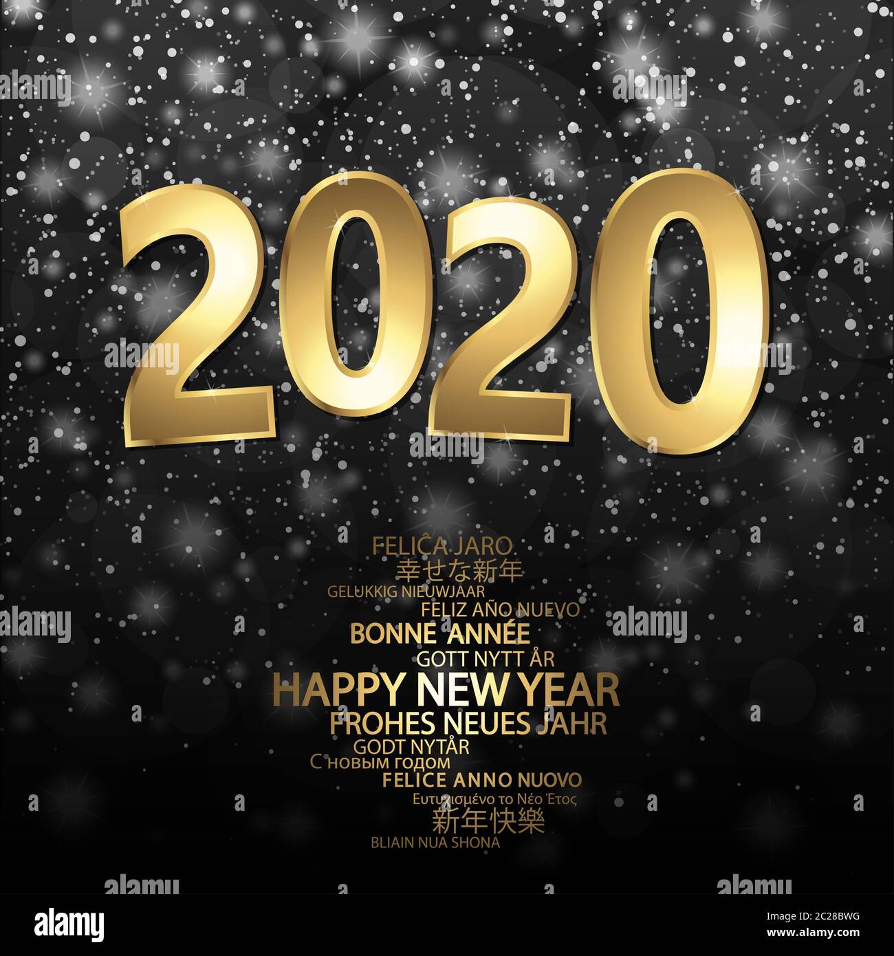 Frohes neues Jahr 2020 Grüße mit goldenen Ziffern und schwarzem Hintergrund Stockfoto
