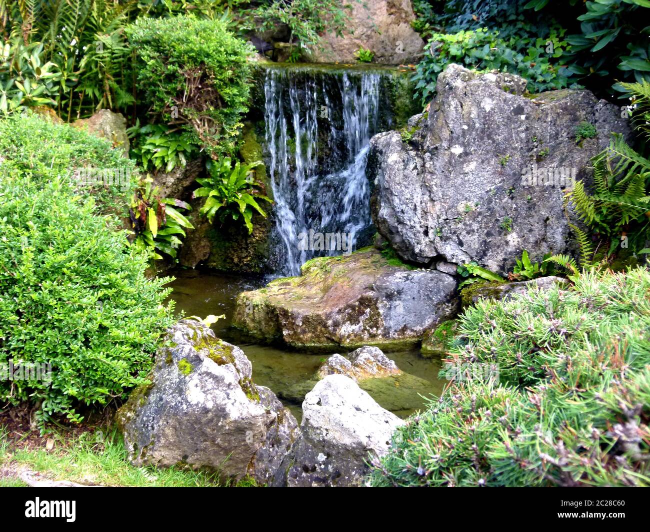 Wunderschön angelegter Garten im japanischen Stil mit Bach und Wasserfall Stockfoto