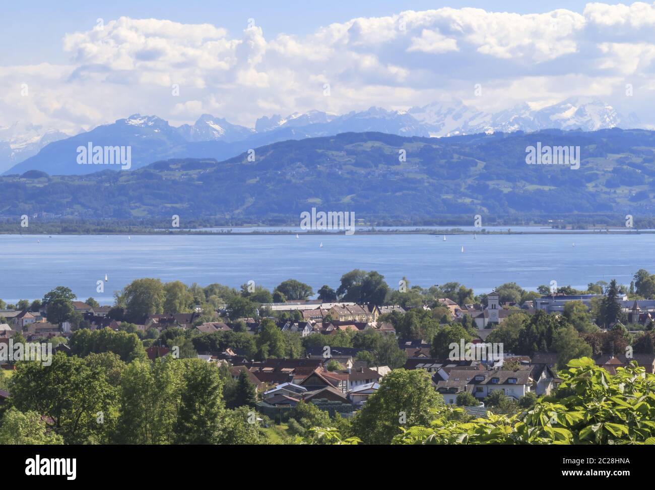 Bodensee Ansicht, Landschaft, Lindau, Bregenz, Rheindelta, Schneegipfel Stockfoto