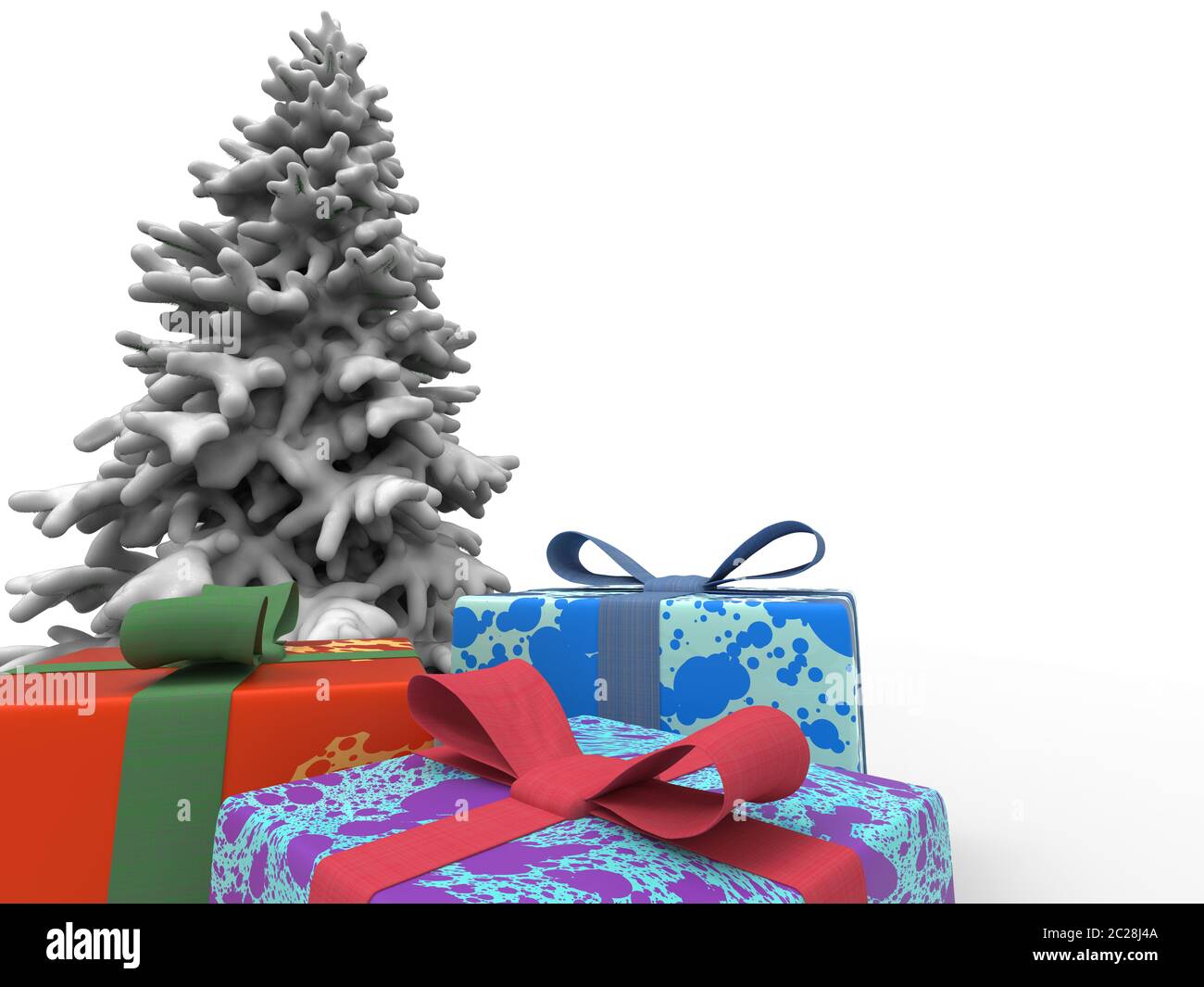 Bunte Geschenke und Weihnachtsbaum mit Schnee aus der Nähe Stockfoto
