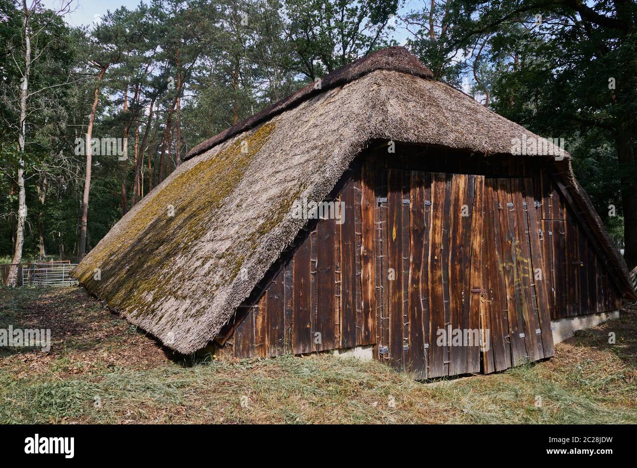 Traditioneller Schafstall aus dem 18. Jahrhundert mit einem Strohdach, das bis zum Boden reicht Stockfoto