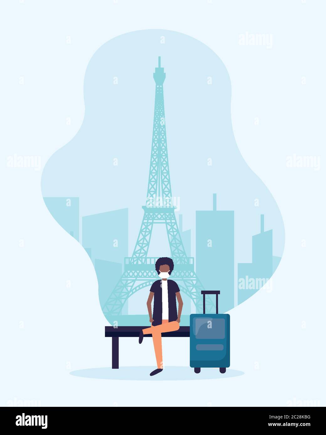 Mann mit medizinischer Maske und Tasche auf Stuhl bei paris Design, abgesagte Flüge reisen und Flughafen Thema Vektor-Illustration Stock Vektor