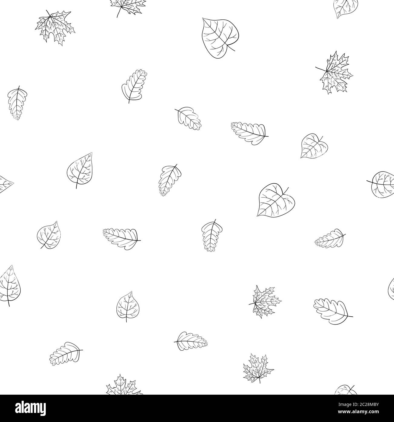 Abstrakt Doodle Herbst Blätter nahtloses Muster - schwarz und weiß, zum Ausmalen Buch Stockfoto