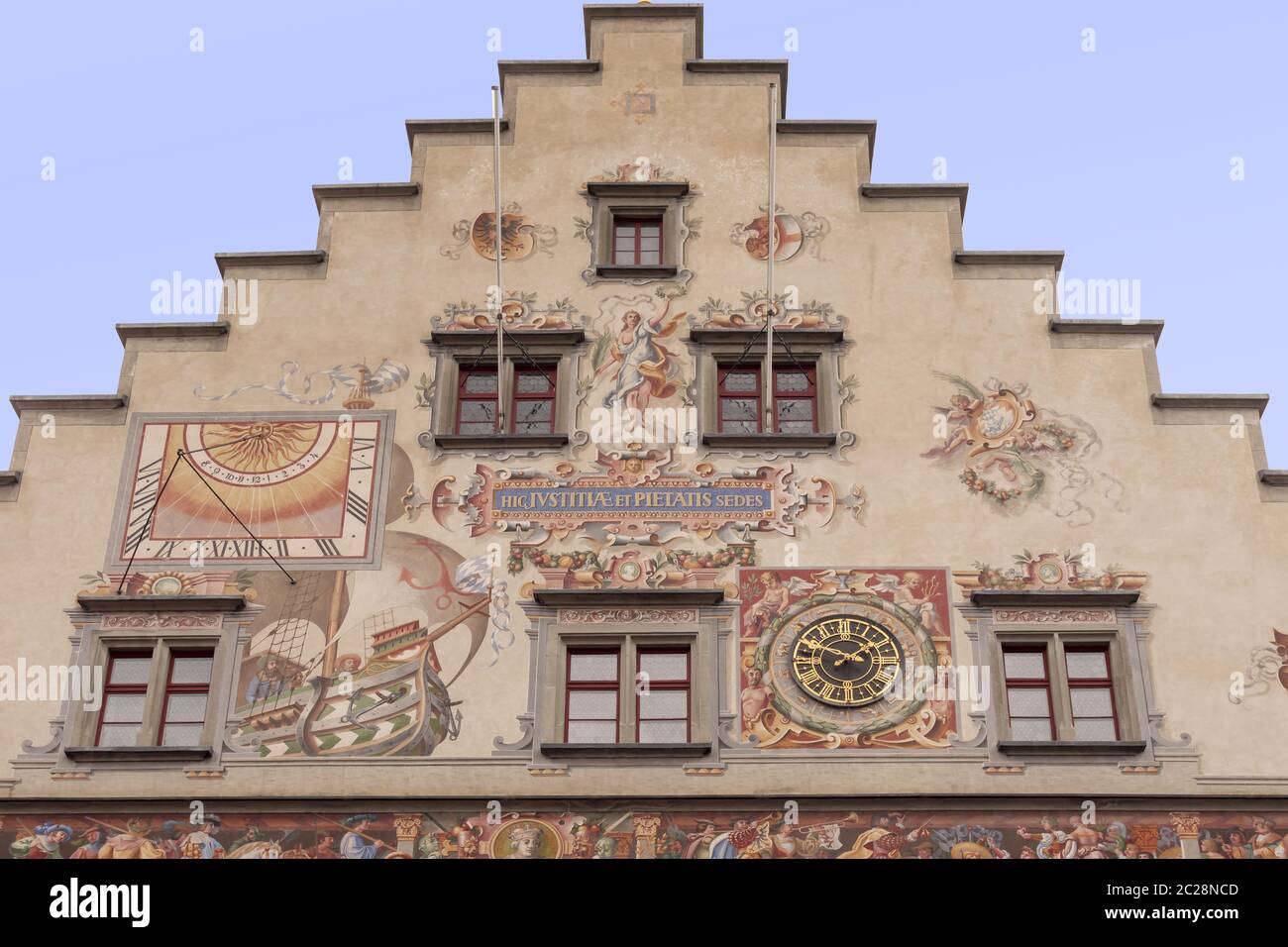 Giebel mit Fassadenmalerei, Altes Rathaus von Lindau, Insel Lindau Stockfoto