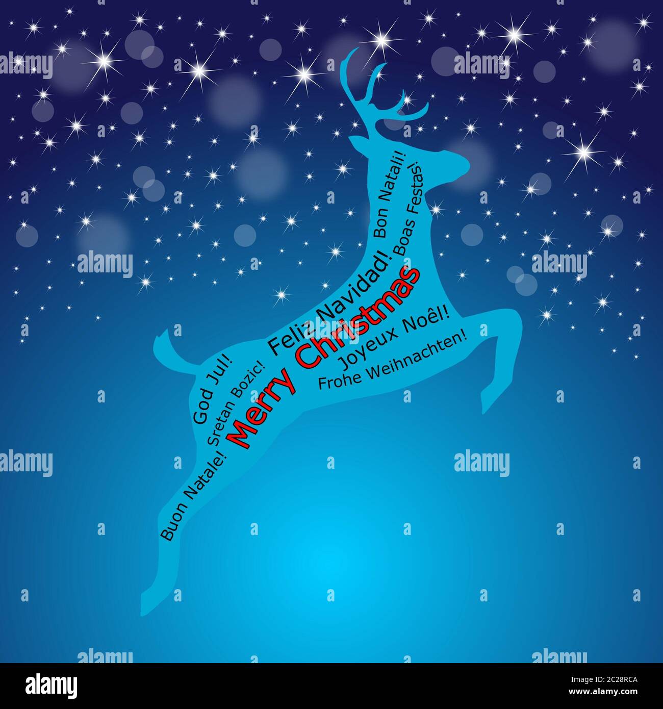 Fröhliche Weihnachten Wortwolke auf einem Rentier auf dekorativem blauem Hintergrund - Illustration Stockfoto