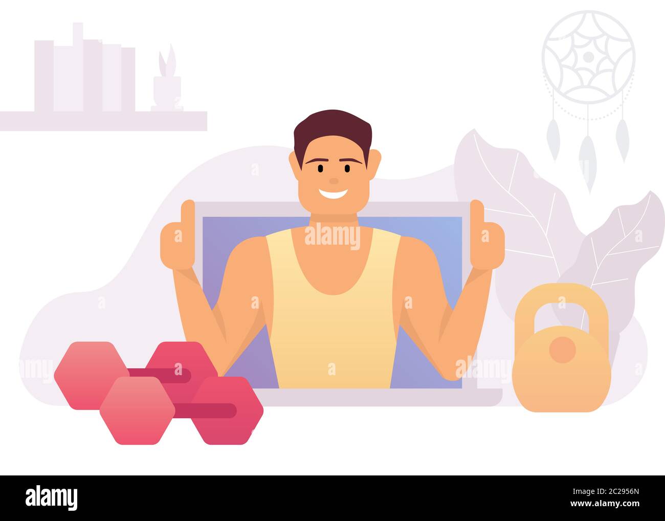 Fitness-Training Online-Konzept. Workout online. Cartoon niedlichen Trainer. Heimsportausrüstung. Online-Tutorials auf Laptop. Stock Vektor