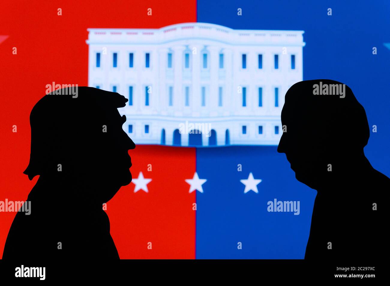 NEW YORK, USA, 17. JUN 2020: Silhouette des republikanischen Kandidaten Donald Trump und des demokratischen Kandidaten Joe Biden. 2020 Wahl des Präsidenten der Vereinigten Staaten Stockfoto