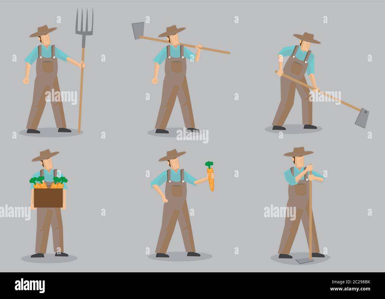 Set von sechs Vektor-Cartoon-Illustration des Landwirts mit Strohhut und insgesamt mit Gartenwerkzeugen für verschiedene landwirtschaftliche Aktivitäten isoliert auf grau Stock Vektor