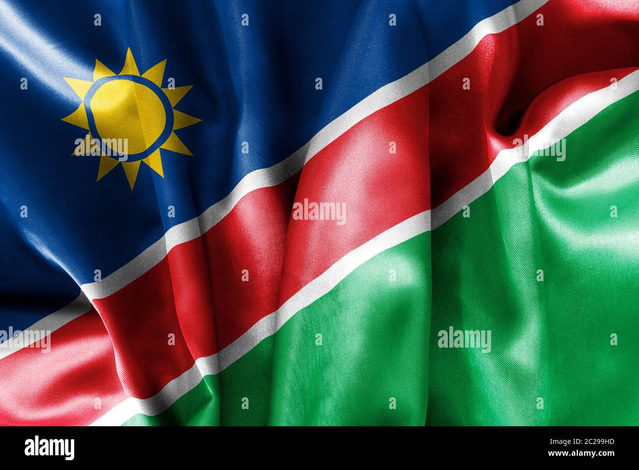Namibia Flag Textur zerknittert und zerknittert mit Licht und Schatten Stockfoto