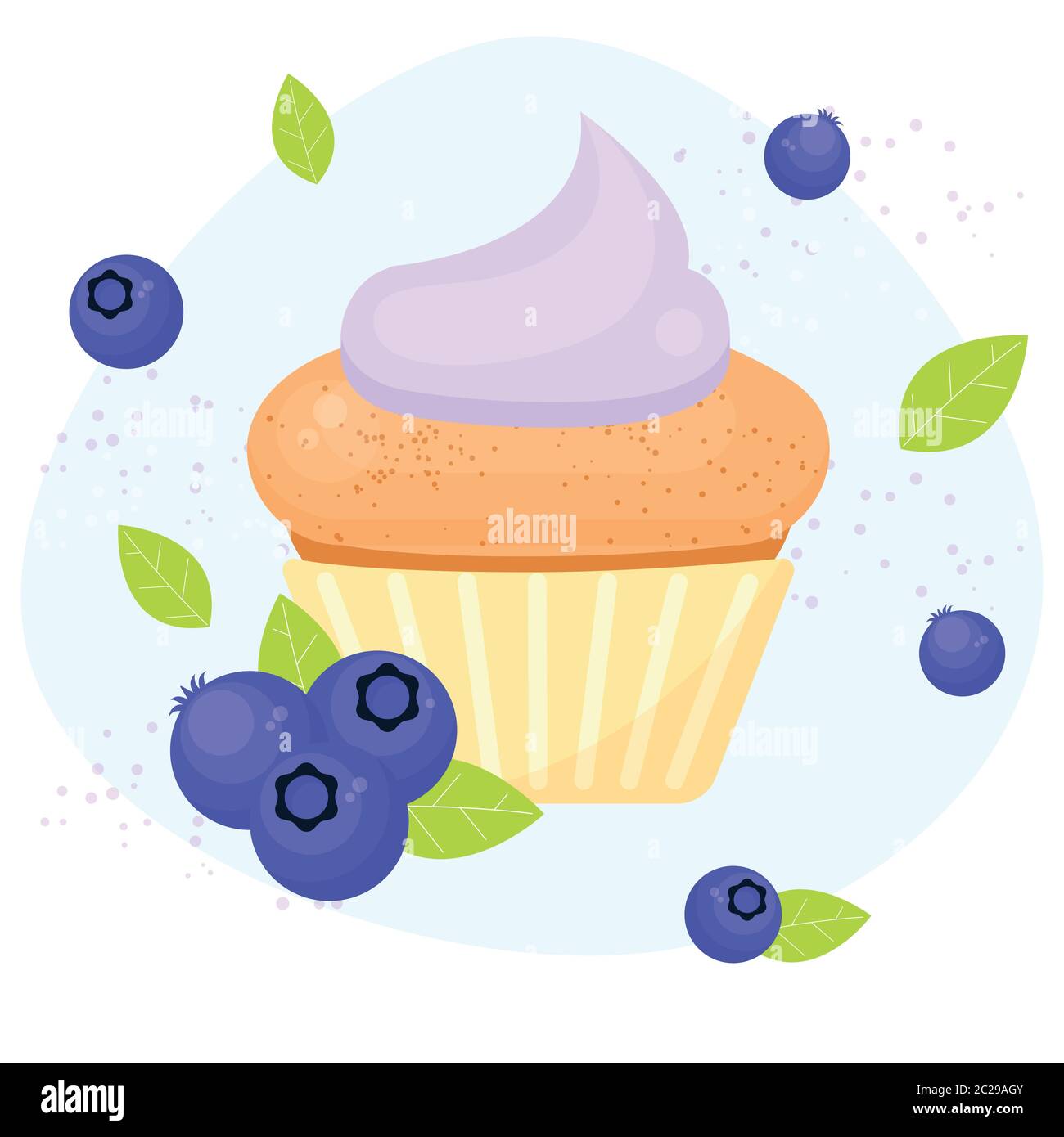 Blaubeer Muffin mit Sahne. Leckere süße Dessert mit Beeren. Stock Vektor