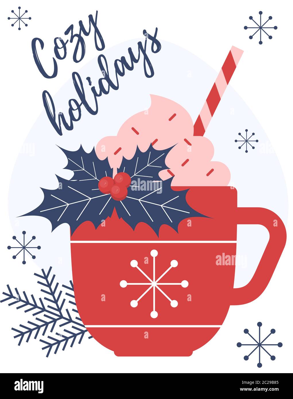 Warmes Weihnachtsgetränk. Heiße Schokolade. Tasse heißen Kakao. Saisonaler Winterdrink. Stock Vektor