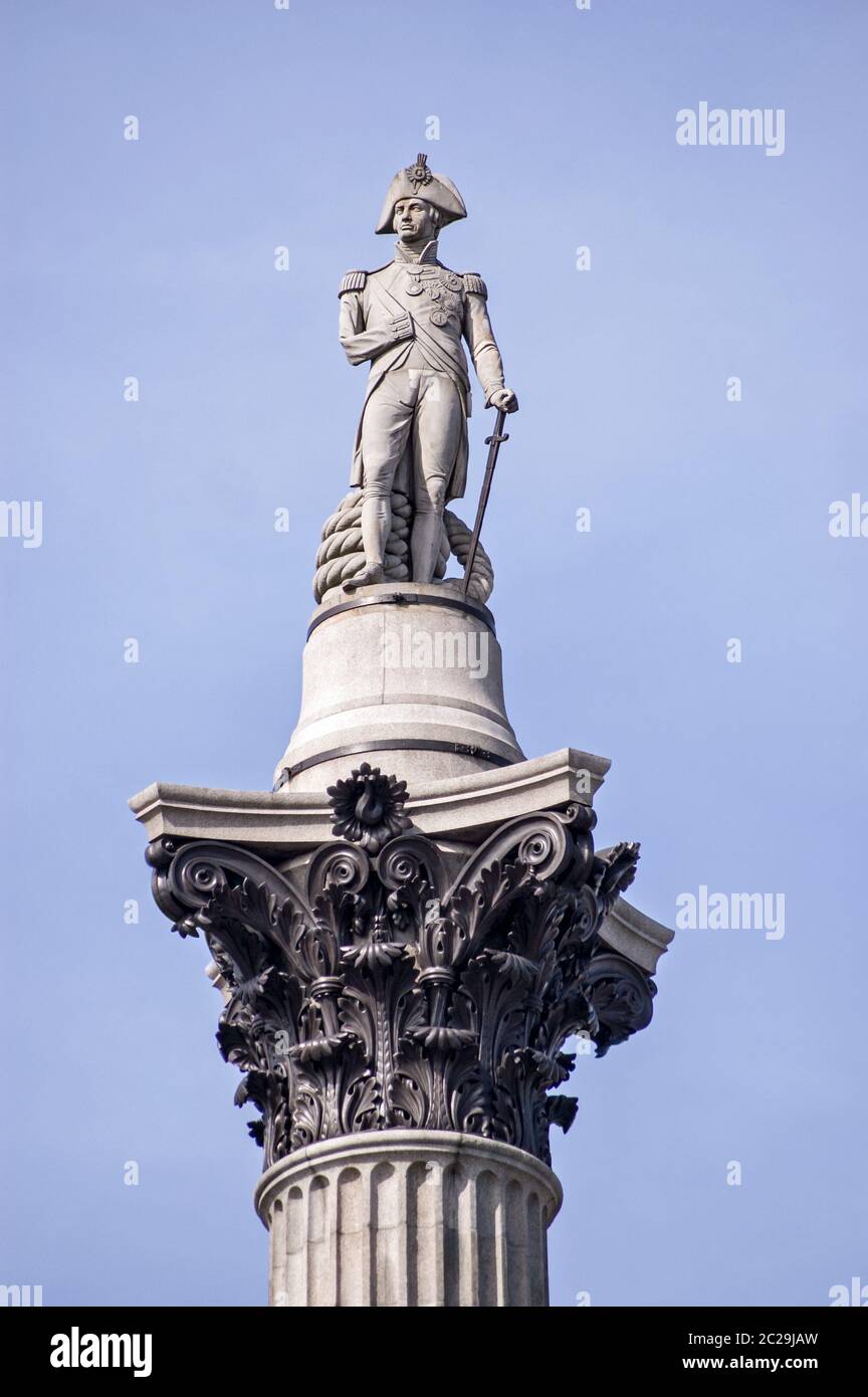 Blick auf Nelson's Column, Trafalgar Square, London. Stockfoto