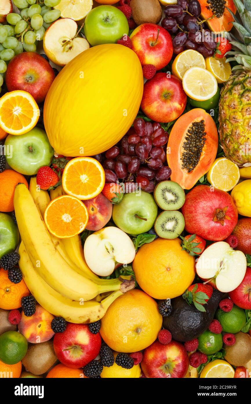 Früchte Kollektion essen Hintergrund Hochformat Äpfel Orangen Zitronen frisches Obst Hintergründe Stockfoto