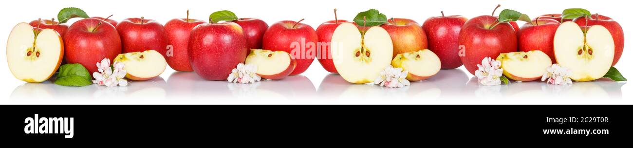 Red Apple Obst Äpfel Obst auf einem weißen Hintergrund in einer Reihe isoliert Stockfoto