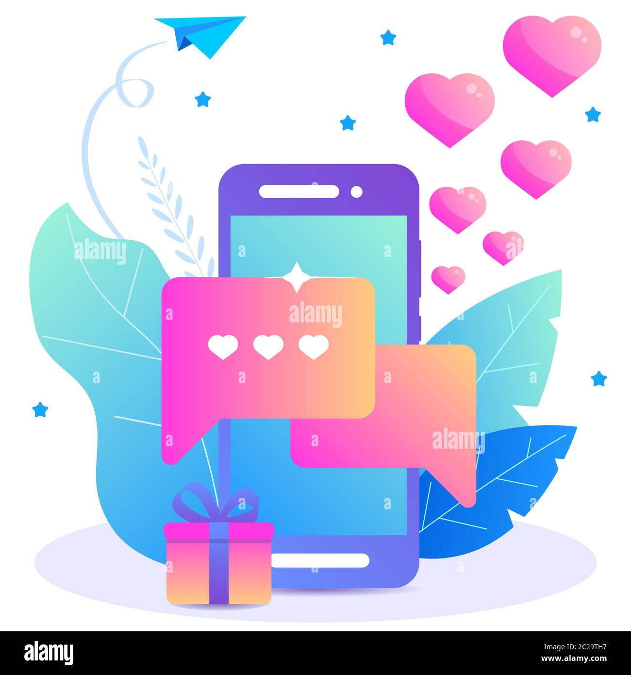 Dating-App. Liebe Nachricht in Smartphone mit Herzen. Stock Vektor