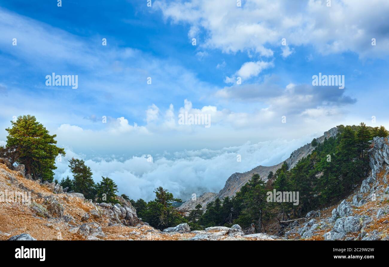 Sommermorgen bewölkt Draufsicht der Berg Aenos (Kefalonia, Griechenland). Stockfoto