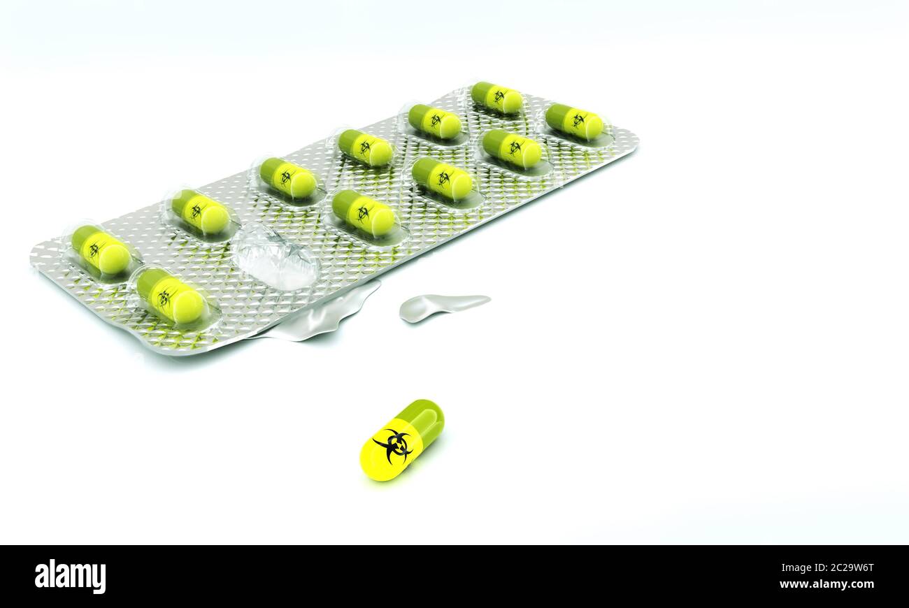 Tabletten Blister mit Pillen und Gift für Biozide Stockfoto