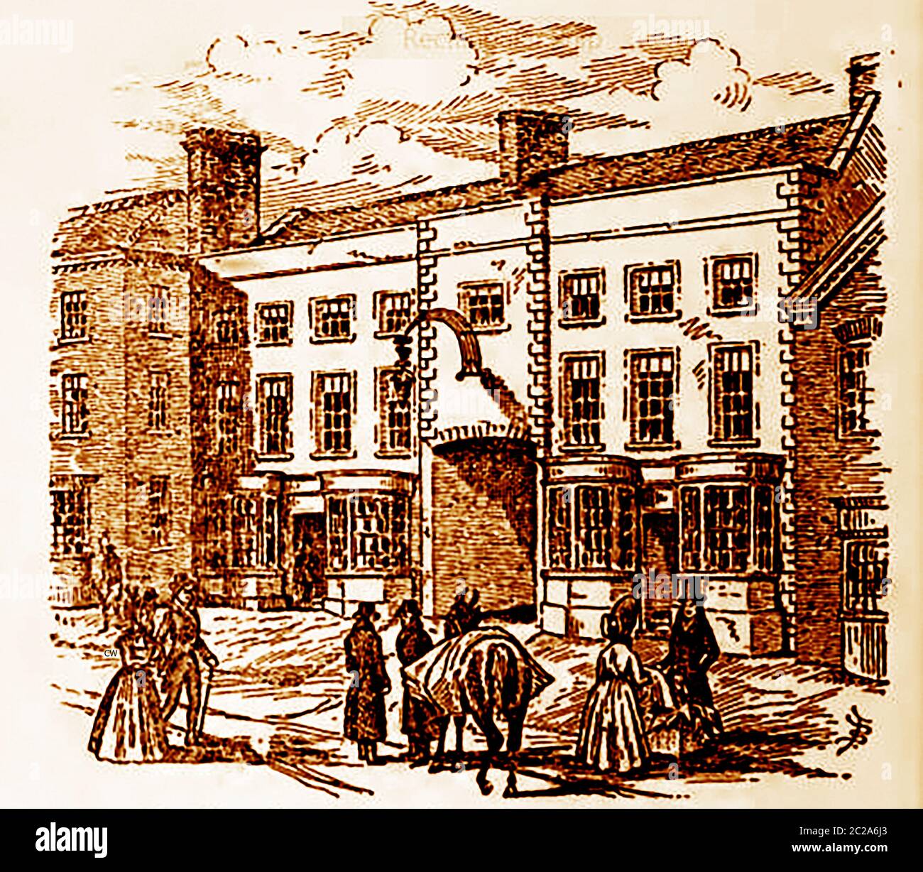 Eine historische viktorianische Skizze des Royal Hotel, Briggate, Leeds. Großbritannien (früher The New King's Arms), um es von seinem nahegelegenen, älteren Nachbarn The Old King's Arms zu unterscheiden. In der frühen Coaching-Ära war es als New King's Arms Inn bekannt und im Jahr 1765, dem Jahr, in dem Trainer begann zum ersten Mal aus dem Haus zu laufen, als der Vermieter Name Myers war es hieß New Inn. Witwe Cowling und William Lodge folgte ihm als Lizenznehmer. Witwe Cowling kam später zurück und änderte seinen Namen in Cowling's Hotel and Tavern. Stockfoto